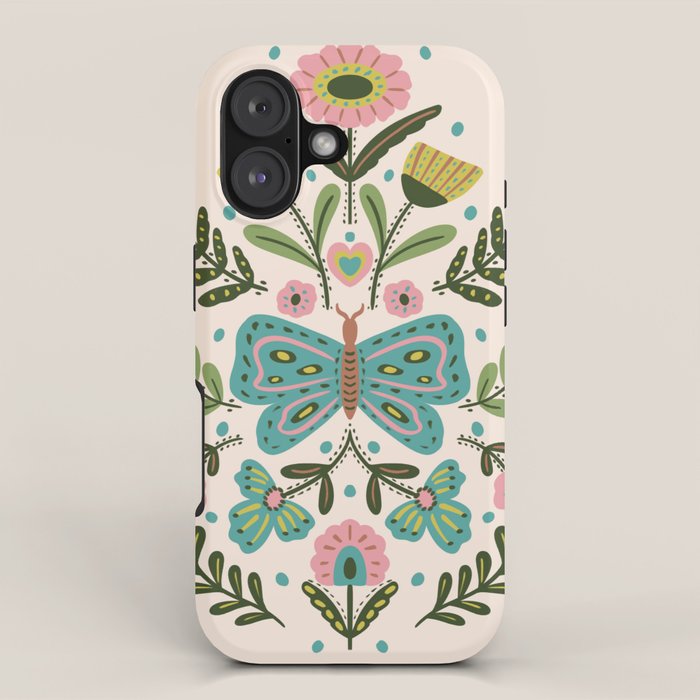 Green and Pink Butterfly Folk Art Illustration  iPhone Case Gallery Image 1