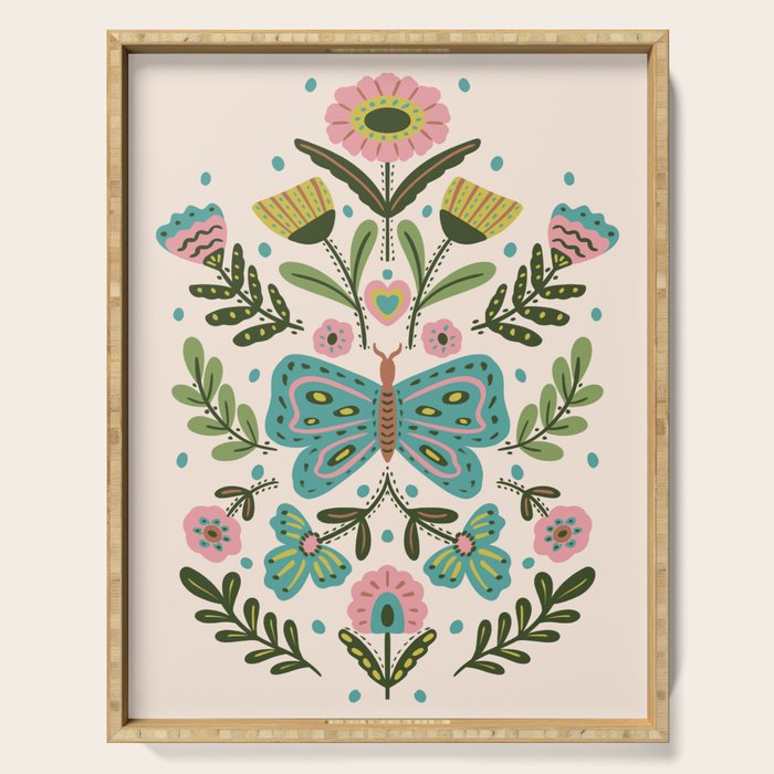 Green and Pink Butterfly Folk Art Illustration  Serving Tray Gallery Image 1