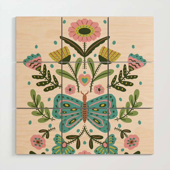 Green and Pink Butterfly Folk Art Illustration  Wood Wall Art Gallery Image 1