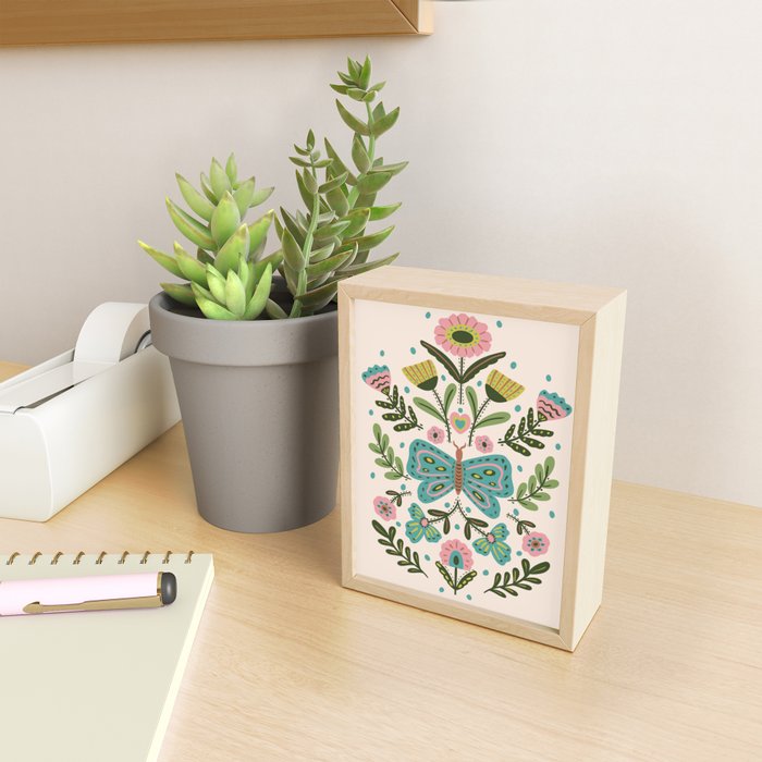 Green and Pink Butterfly Folk Art Illustration  Mini Art Print Gallery Image 2