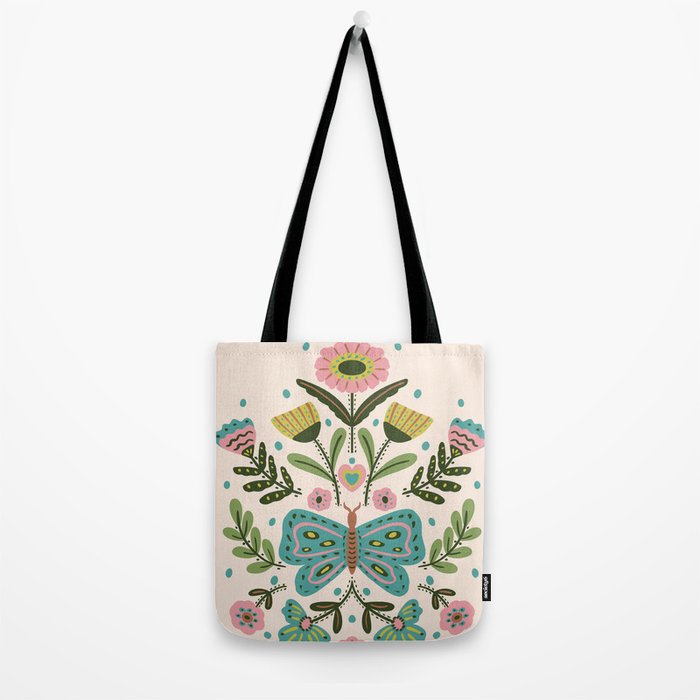 Green and Pink Butterfly Folk Art Illustration  Tote Bag Gallery Image 2