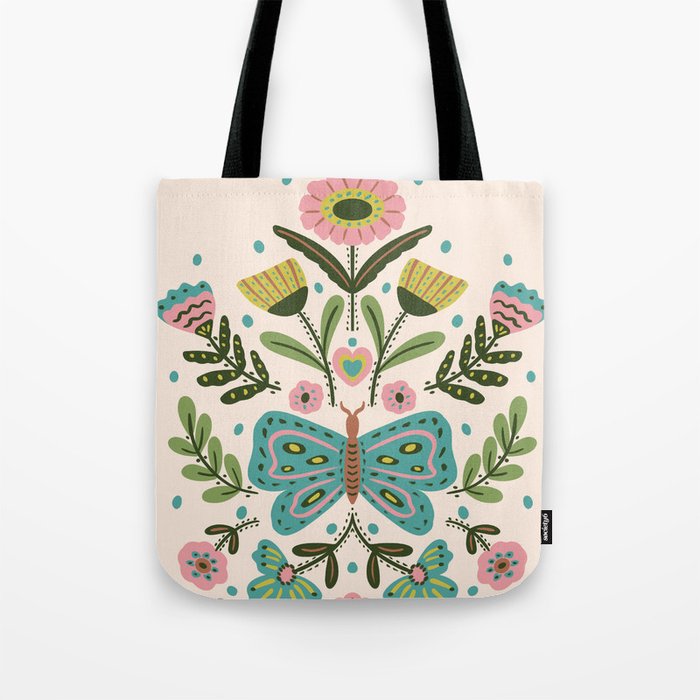 Green and Pink Butterfly Folk Art Illustration  Tote Bag Gallery Image 1