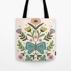 Green and Pink Butterfly Folk Art Illustration  Tote Bag Gallery Image 1
