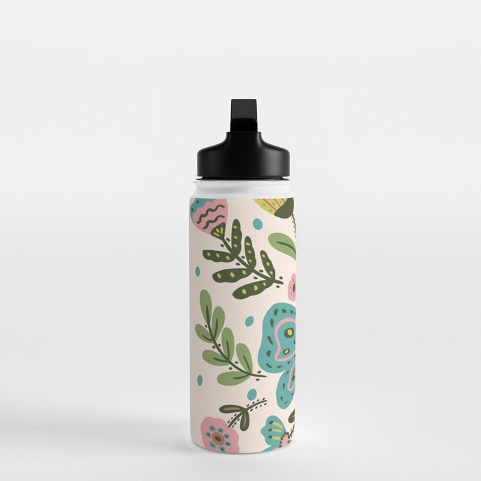 Green and Pink Butterfly Folk Art Illustration  Water Bottle Gallery Image 3