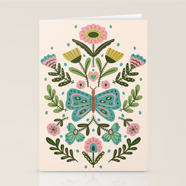 Green and Pink Butterfly Folk Art Illustration  Stationery Card Gallery Image 2