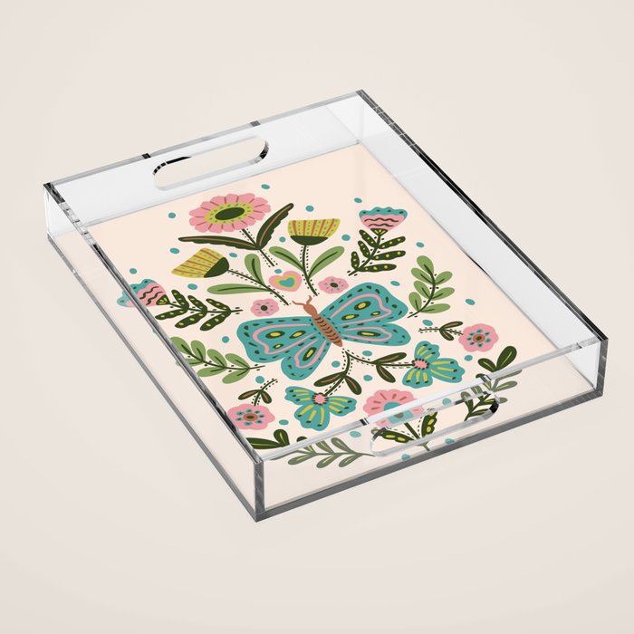 Green and Pink Butterfly Folk Art Illustration  Acrylic Tray Gallery Image 1