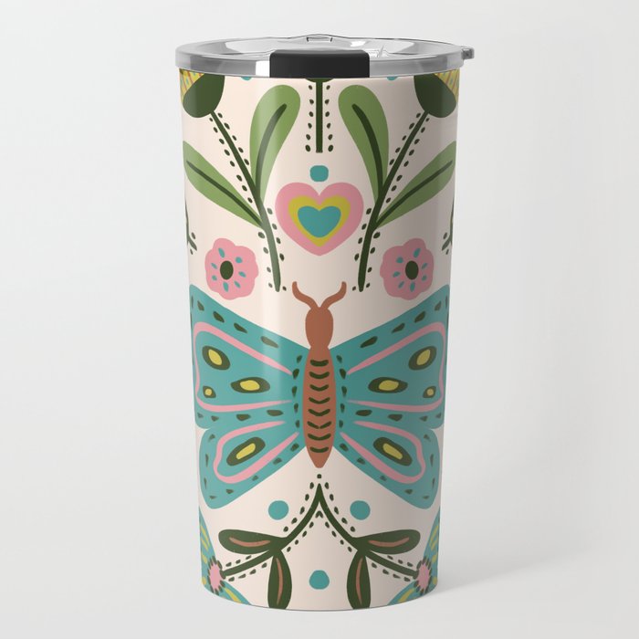 Green and Pink Butterfly Folk Art Illustration  Travel Mug Gallery Image 1