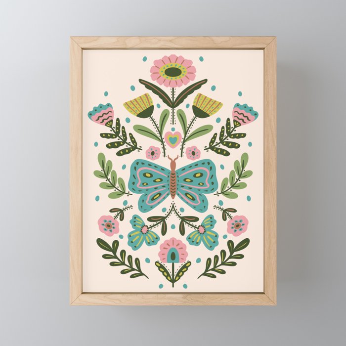 Green and Pink Butterfly Folk Art Illustration  Mini Art Print Gallery Image 1