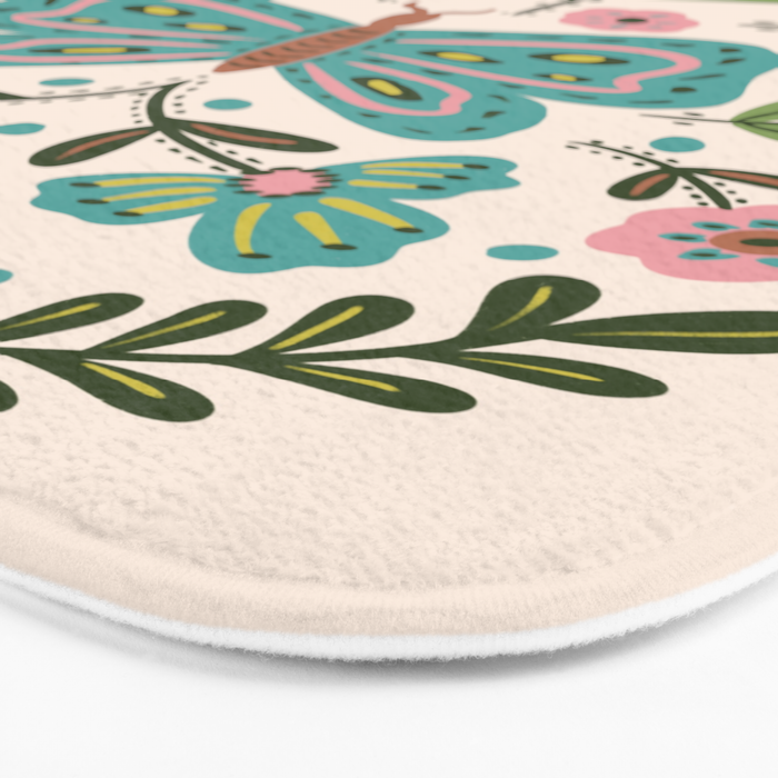 Green and Pink Butterfly Folk Art Illustration  Bath Mat Gallery Image 3