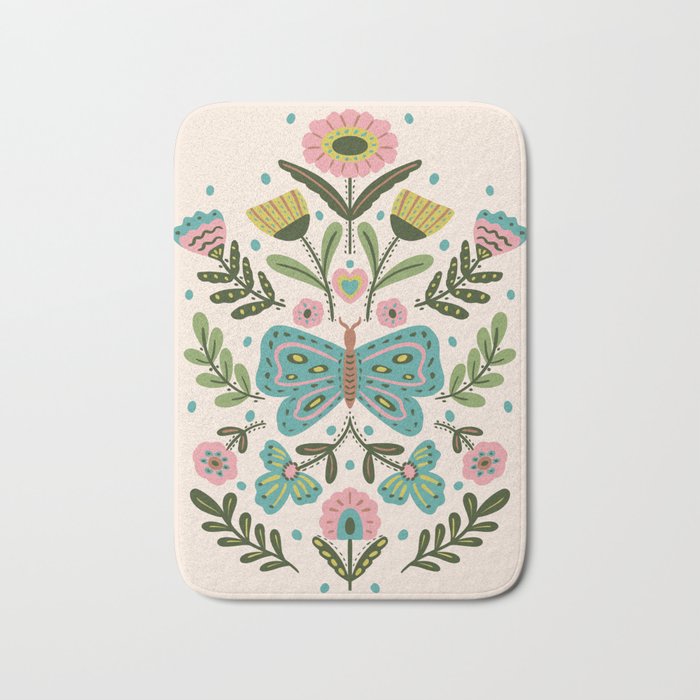 Green and Pink Butterfly Folk Art Illustration  Bath Mat Gallery Image 1