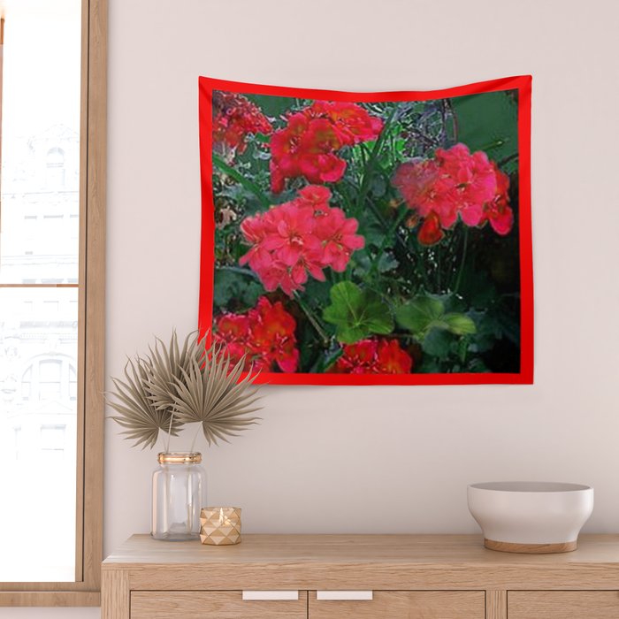 RED GERANIUMS GREEN GARDEN ART Wall Tapestry Gallery Image 2