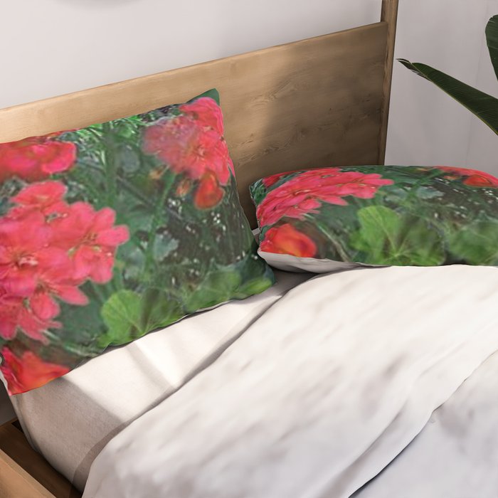RED GERANIUMS GREEN GARDEN ART Pillow Sham Gallery Image 2