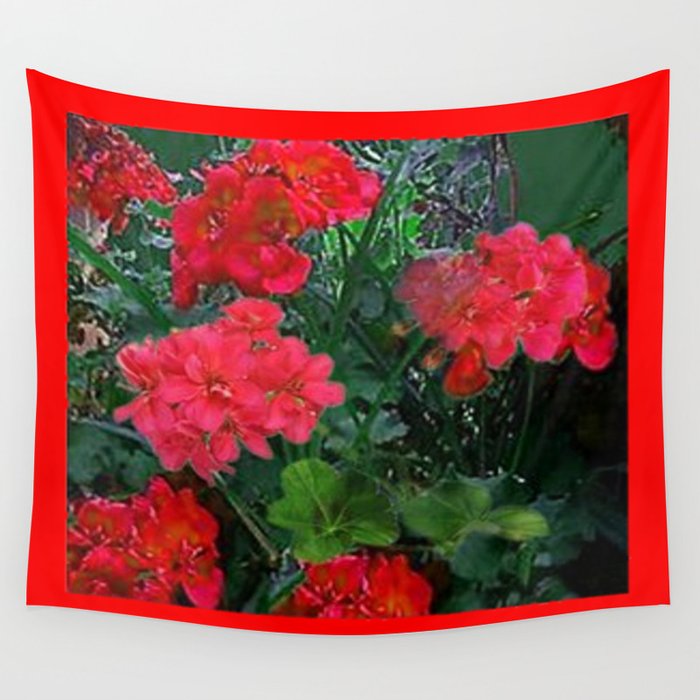 RED GERANIUMS GREEN GARDEN ART Wall Tapestry Gallery Image 1