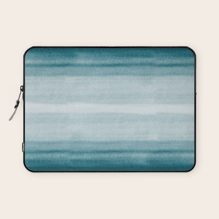 Tropical Dark Teal Inspired by Sherwin Williams 2020 Trending Color Oceanside SW6496 Watercolor Brush Strokes Horizontal Lines Pattern Laptop Sleeve Gallery Image 1