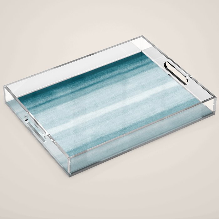 Tropical Dark Teal Inspired by Sherwin Williams 2020 Trending Color Oceanside SW6496 Watercolor Brush Strokes Horizontal Lines Pattern Acrylic Tray Gallery Image 1