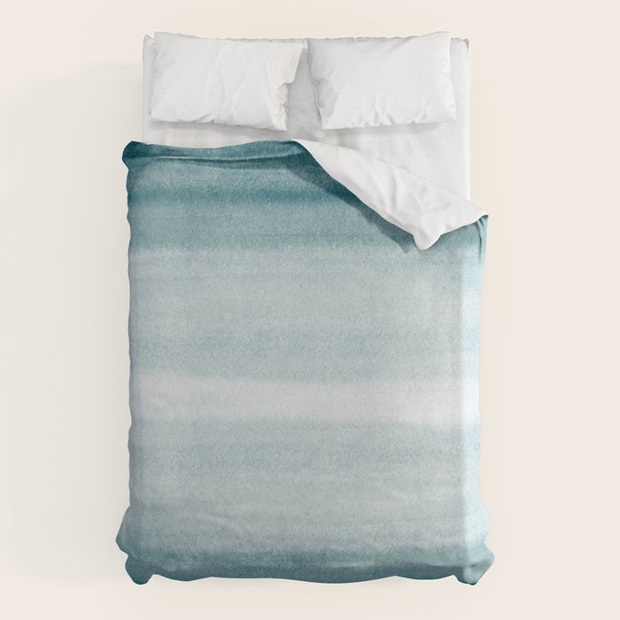 Tropical Dark Teal Inspired by Sherwin Williams 2020 Trending Color Oceanside SW6496 Watercolor Brush Strokes Horizontal Lines Pattern Duvet Cover Gallery Image 1
