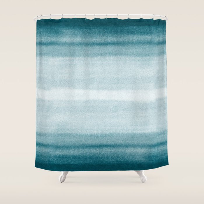 Tropical Dark Teal Inspired by Sherwin Williams 2020 Trending Color Oceanside SW6496 Watercolor Brush Strokes Horizontal Lines Pattern Shower Curtain Gallery Image 1