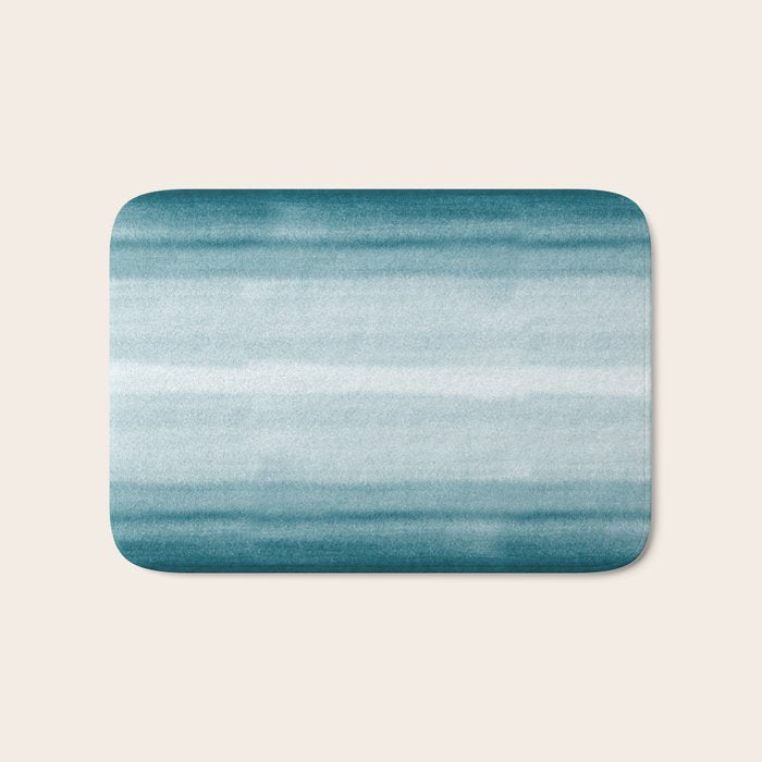 Tropical Dark Teal Inspired by Sherwin Williams 2020 Trending Color Oceanside SW6496 Watercolor Brush Strokes Horizontal Lines Pattern Bath Mat Gallery Image 1