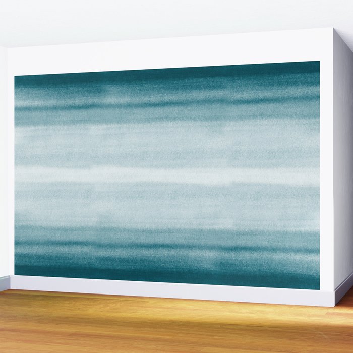 Tropical Dark Teal Inspired by Sherwin Williams 2020 Trending Color Oceanside SW6496 Watercolor Brush Strokes Horizontal Lines Pattern Wall Mural Gallery Image 2