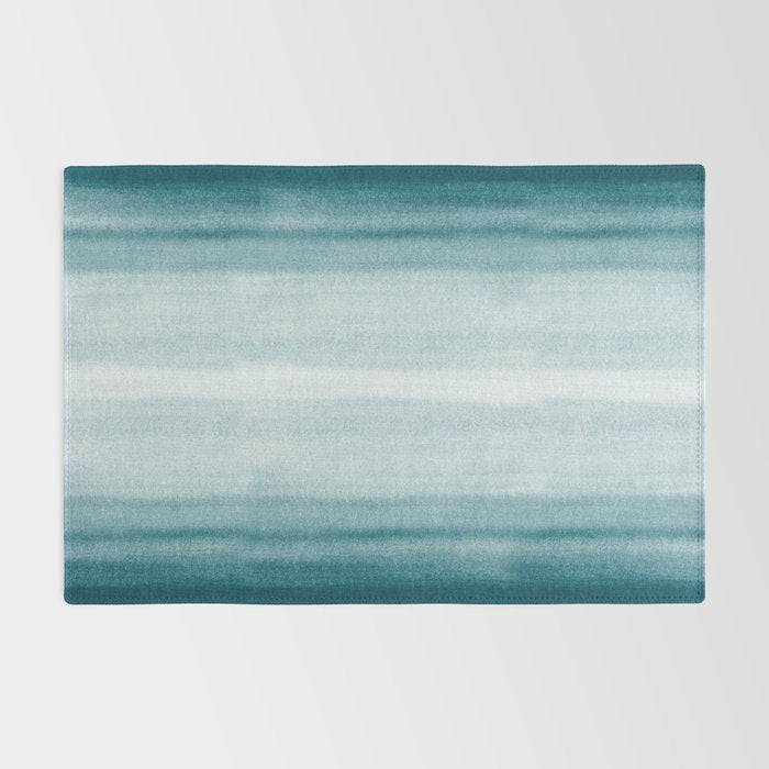 Tropical Dark Teal Inspired by Sherwin Williams 2020 Trending Color Oceanside SW6496 Watercolor Brush Strokes Horizontal Lines Pattern Rug Gallery Image 2