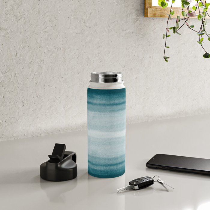 Tropical Dark Teal Inspired by Sherwin Williams 2020 Trending Color Oceanside SW6496 Watercolor Brush Strokes Horizontal Lines Pattern Water Bottle Gallery Image 4