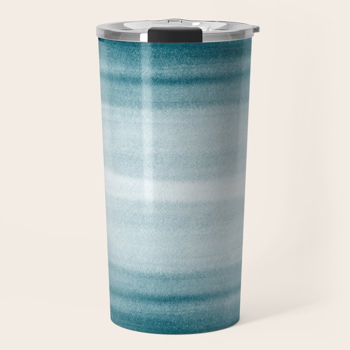 Tropical Dark Teal Inspired by Sherwin Williams 2020 Trending Color Oceanside SW6496 Watercolor Brush Strokes Horizontal Lines Pattern Travel Mug Gallery Image 1