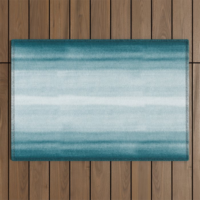 Tropical Dark Teal Inspired by Sherwin Williams 2020 Trending Color Oceanside SW6496 Watercolor Brush Strokes Horizontal Lines Pattern Outdoor Rug Gallery Image 1