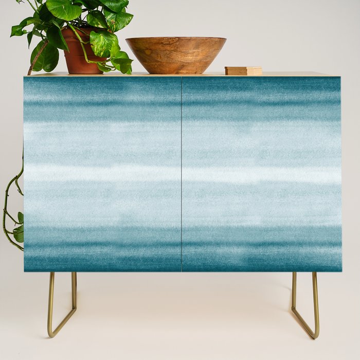 Tropical Dark Teal Inspired by Sherwin Williams 2020 Trending Color Oceanside SW6496 Watercolor Brush Strokes Horizontal Lines Pattern Credenza Gallery Image 1