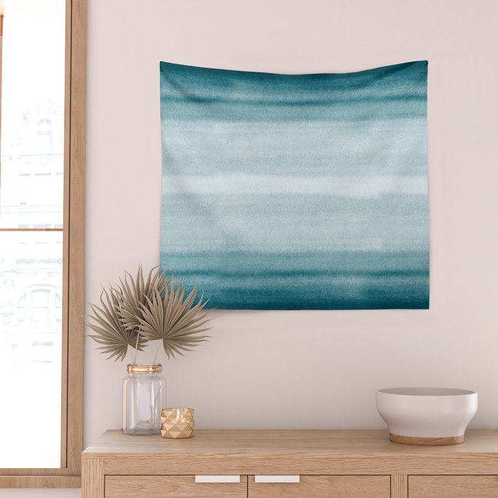 Tropical Dark Teal Inspired by Sherwin Williams 2020 Trending Color Oceanside SW6496 Watercolor Brush Strokes Horizontal Lines Pattern Wall Tapestry Gallery Image 2