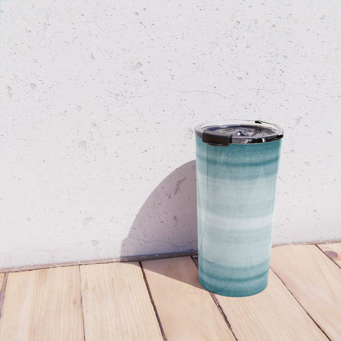 Tropical Dark Teal Inspired by Sherwin Williams 2020 Trending Color Oceanside SW6496 Watercolor Brush Strokes Horizontal Lines Pattern Travel Mug Gallery Image 4