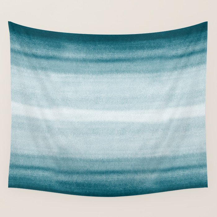 Tropical Dark Teal Inspired by Sherwin Williams 2020 Trending Color Oceanside SW6496 Watercolor Brush Strokes Horizontal Lines Pattern Wall Tapestry Gallery Image 1