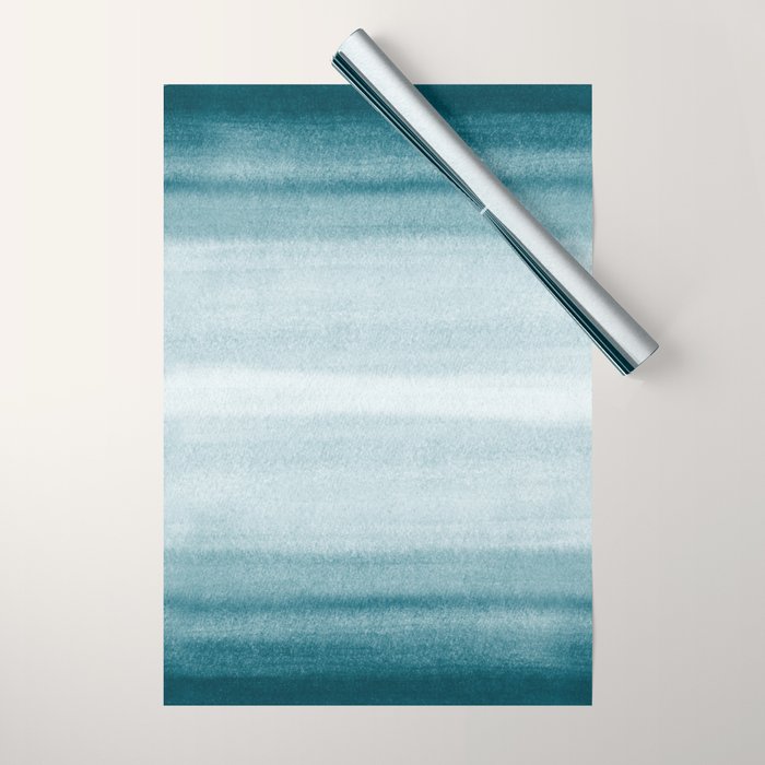 Tropical Dark Teal Inspired by Sherwin Williams 2020 Trending Color Oceanside SW6496 Watercolor Brush Strokes Horizontal Lines Pattern Wrapping Paper Gallery Image 1