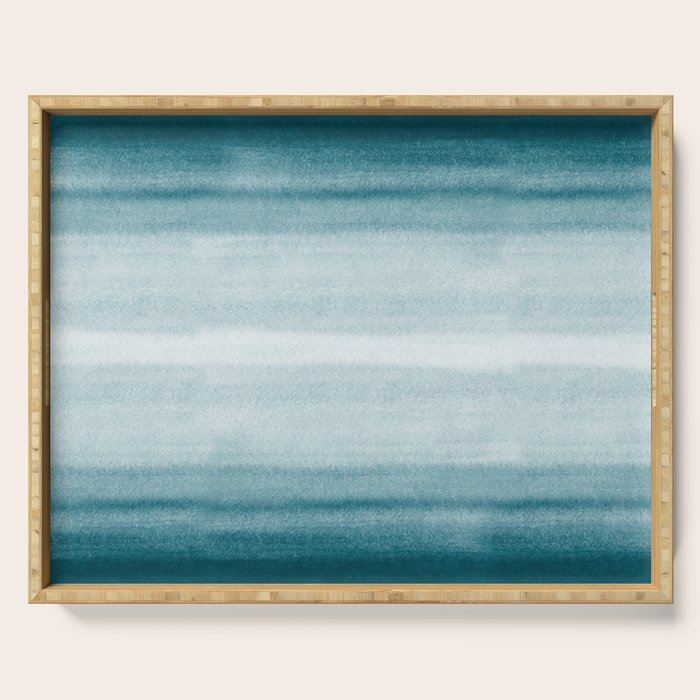 Tropical Dark Teal Inspired by Sherwin Williams 2020 Trending Color Oceanside SW6496 Watercolor Brush Strokes Horizontal Lines Pattern Serving Tray Gallery Image 1