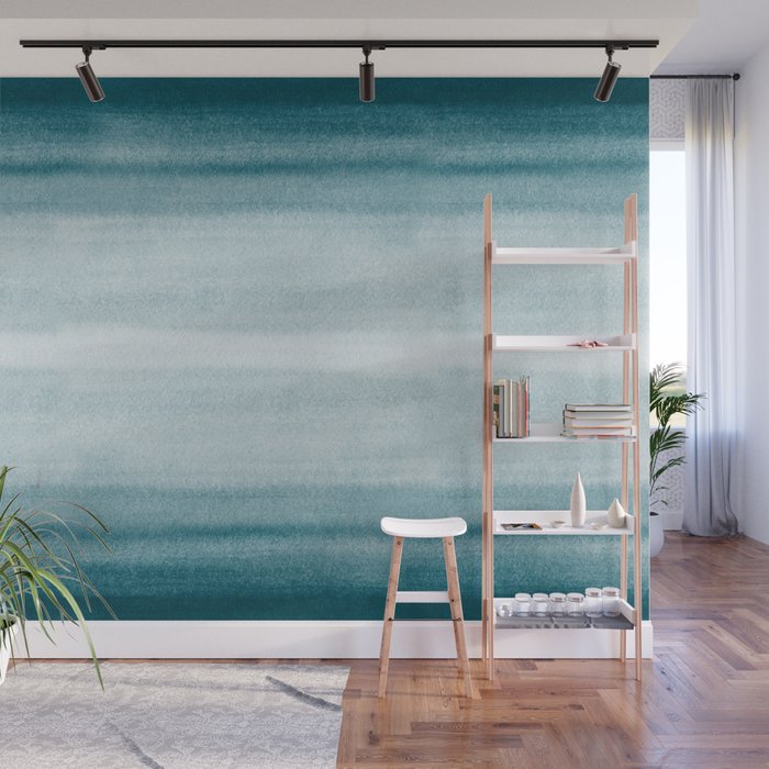 Tropical Dark Teal Inspired by Sherwin Williams 2020 Trending Color Oceanside SW6496 Watercolor Brush Strokes Horizontal Lines Pattern Wall Mural Gallery Image 1