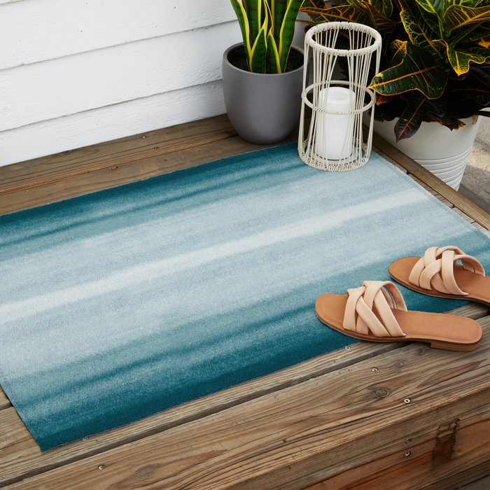 Tropical Dark Teal Inspired by Sherwin Williams 2020 Trending Color Oceanside SW6496 Watercolor Brush Strokes Horizontal Lines Pattern Outdoor Rug Gallery Image 2