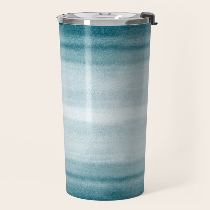 Tropical Dark Teal Inspired by Sherwin Williams 2020 Trending Color Oceanside SW6496 Watercolor Brush Strokes Horizontal Lines Pattern Travel Mug Gallery Image 2