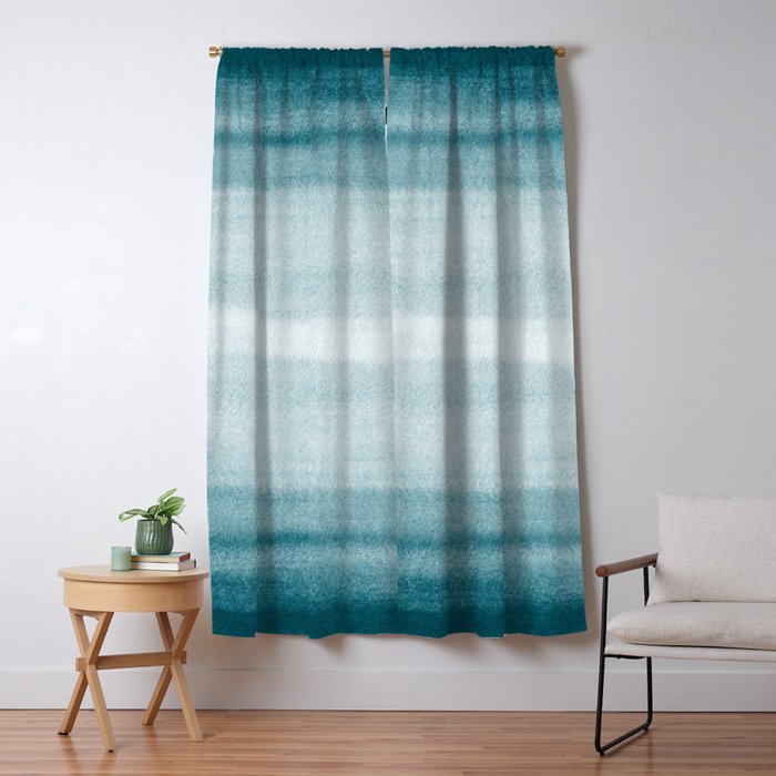 Tropical Dark Teal Inspired by Sherwin Williams 2020 Trending Color Oceanside SW6496 Watercolor Brush Strokes Horizontal Lines Pattern Window Curtain Gallery Image 5