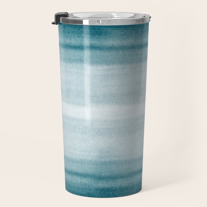 Tropical Dark Teal Inspired by Sherwin Williams 2020 Trending Color Oceanside SW6496 Watercolor Brush Strokes Horizontal Lines Pattern Travel Mug Gallery Image 3