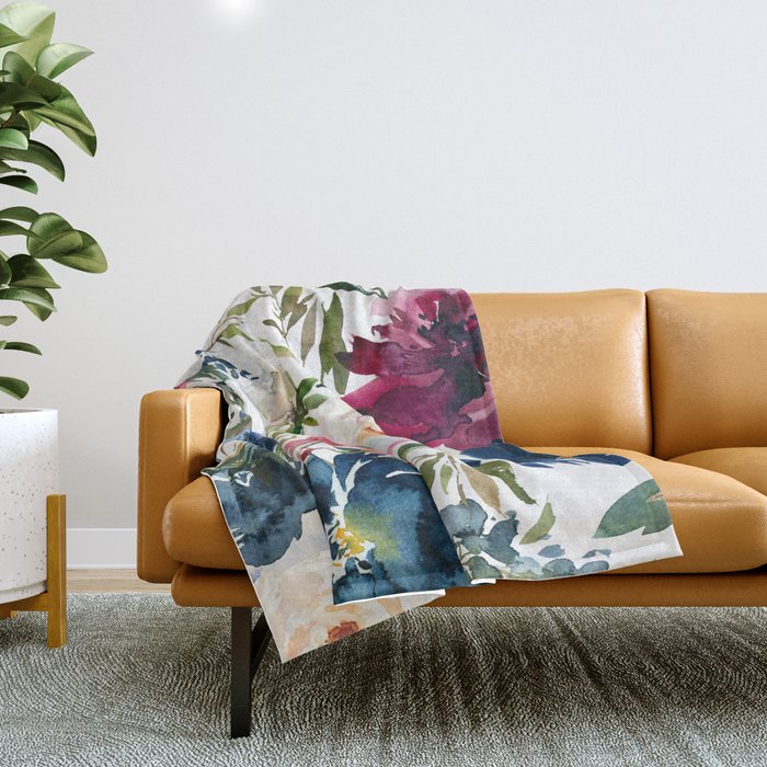 Burgundy Navy Floral Watercolor Pattern A OS Throw Blanket Gallery Image 1