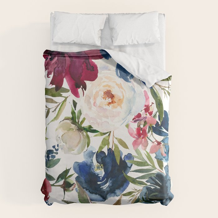 Burgundy Navy Floral Watercolor Pattern A OS Duvet Cover Gallery Image 1