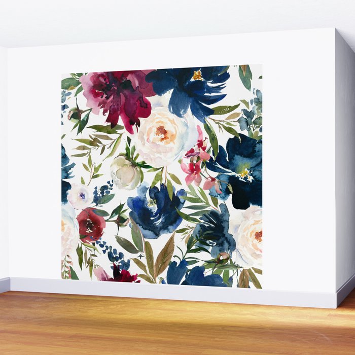 Burgundy Navy Floral Watercolor Pattern A OS Wall Mural Gallery Image 2