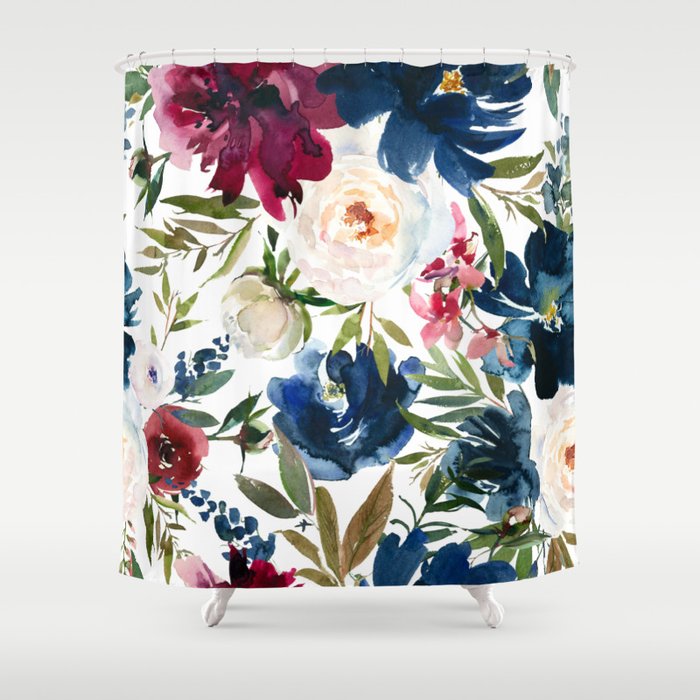 Burgundy Navy Floral Watercolor Pattern A OS Shower Curtain Gallery Image 1