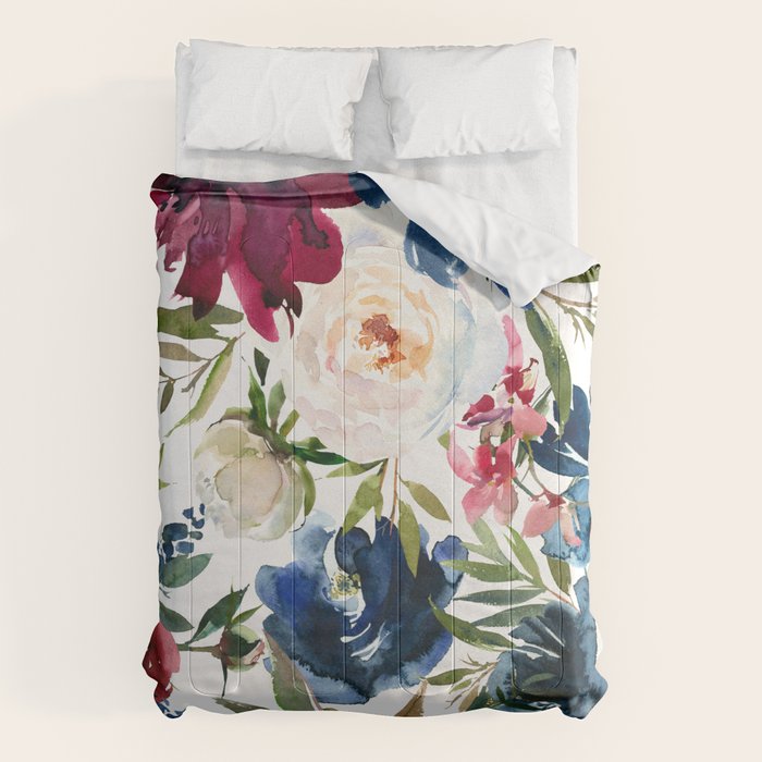 Burgundy Navy Floral Watercolor Pattern A OS Comforter Gallery Image 1