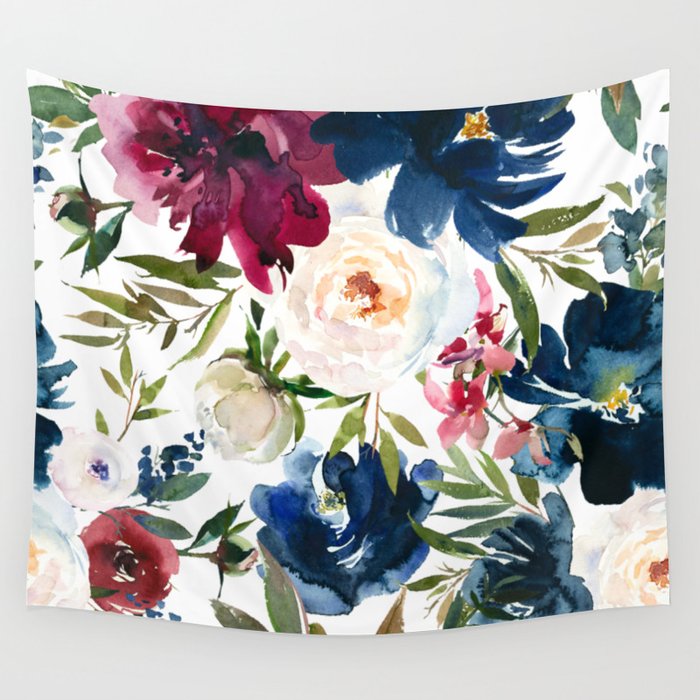 Burgundy Navy Floral Watercolor Pattern A OS Wall Tapestry Gallery Image 1