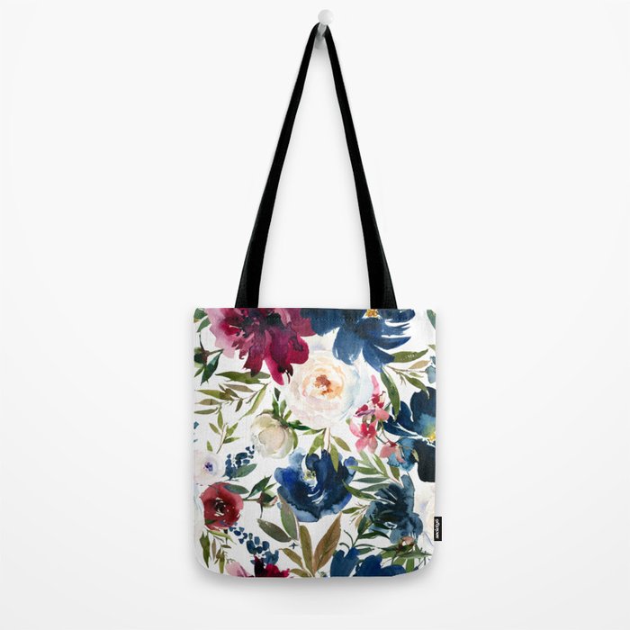 Burgundy Navy Floral Watercolor Pattern A OS Tote Bag Gallery Image 2