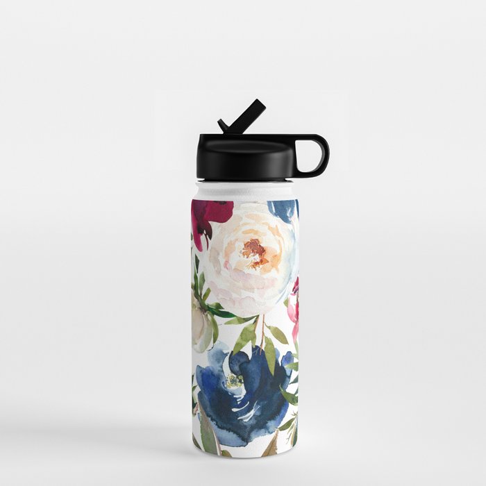 Burgundy Navy Floral Watercolor Pattern A OS Water Bottle