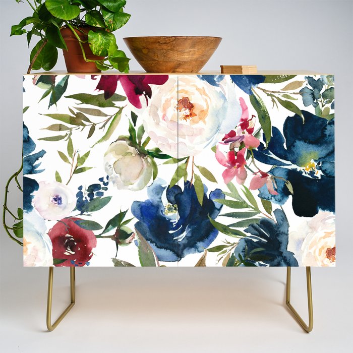Burgundy Navy Floral Watercolor Pattern A OS Credenza Gallery Image 1