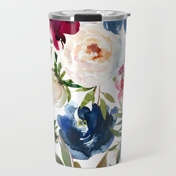 Burgundy Navy Floral Watercolor Pattern A OS Travel Mug Gallery Image 1