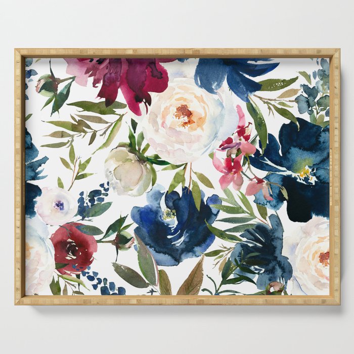 Burgundy Navy Floral Watercolor Pattern A OS Serving Tray Gallery Image 1