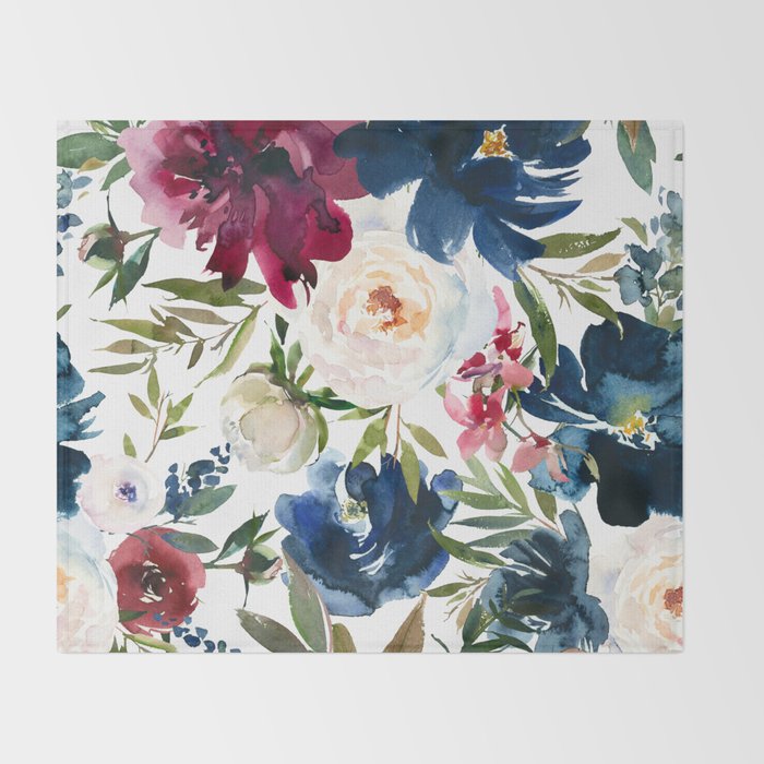 Burgundy Navy Floral Watercolor Pattern A OS Throw Blanket Gallery Image 2